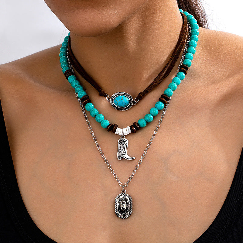 Planderful Vienna Verve Necklace – Retro Metal Design with Turquoise Pendant