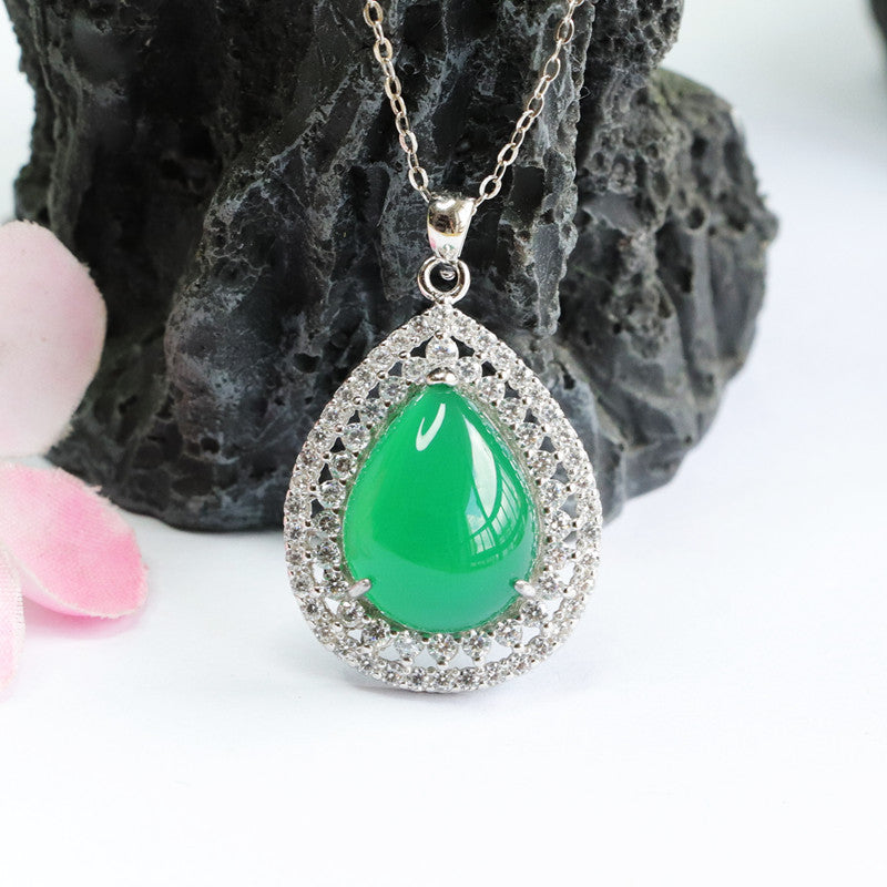 Sterling Silver Chalcedony Pendant Necklace with Zircon Halo