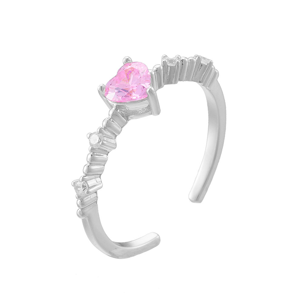 S925 Sterling Silver Pink Heart-Shaped Zircon Open Ring Small Fresh Super Fairy Love