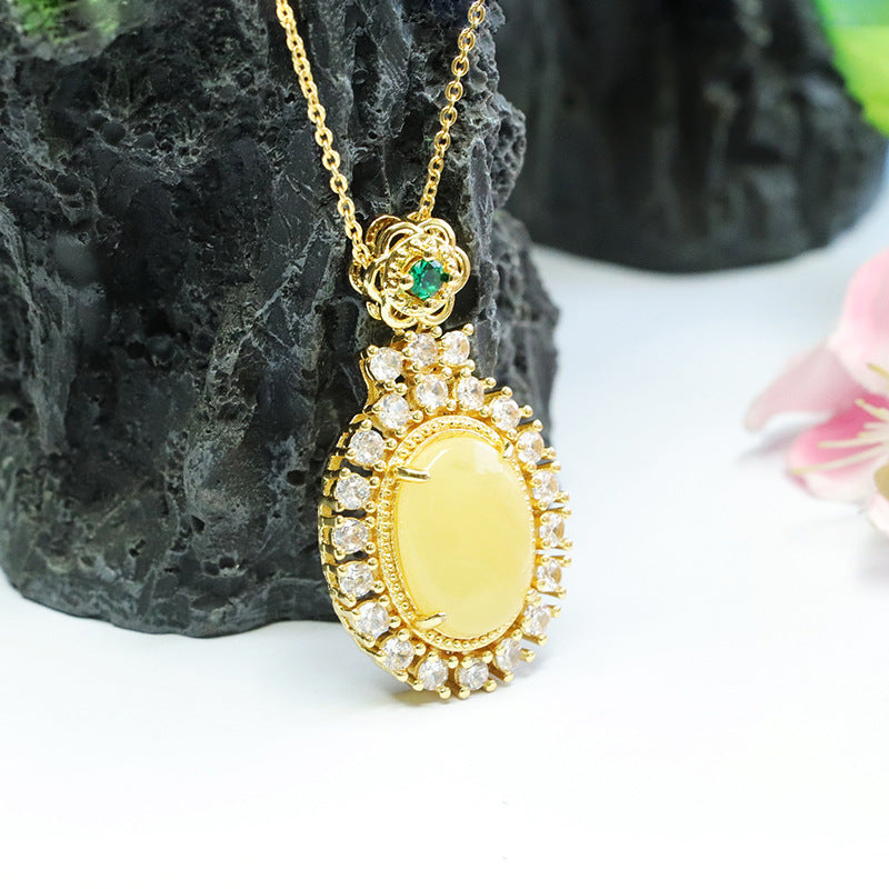 Golden Amber Beeswax Necklace with Zircon Halo