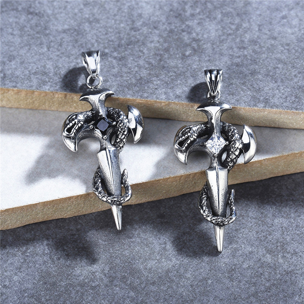 Vintage Snake Cross Sword Zircon Titanium Steel Pendant for Men