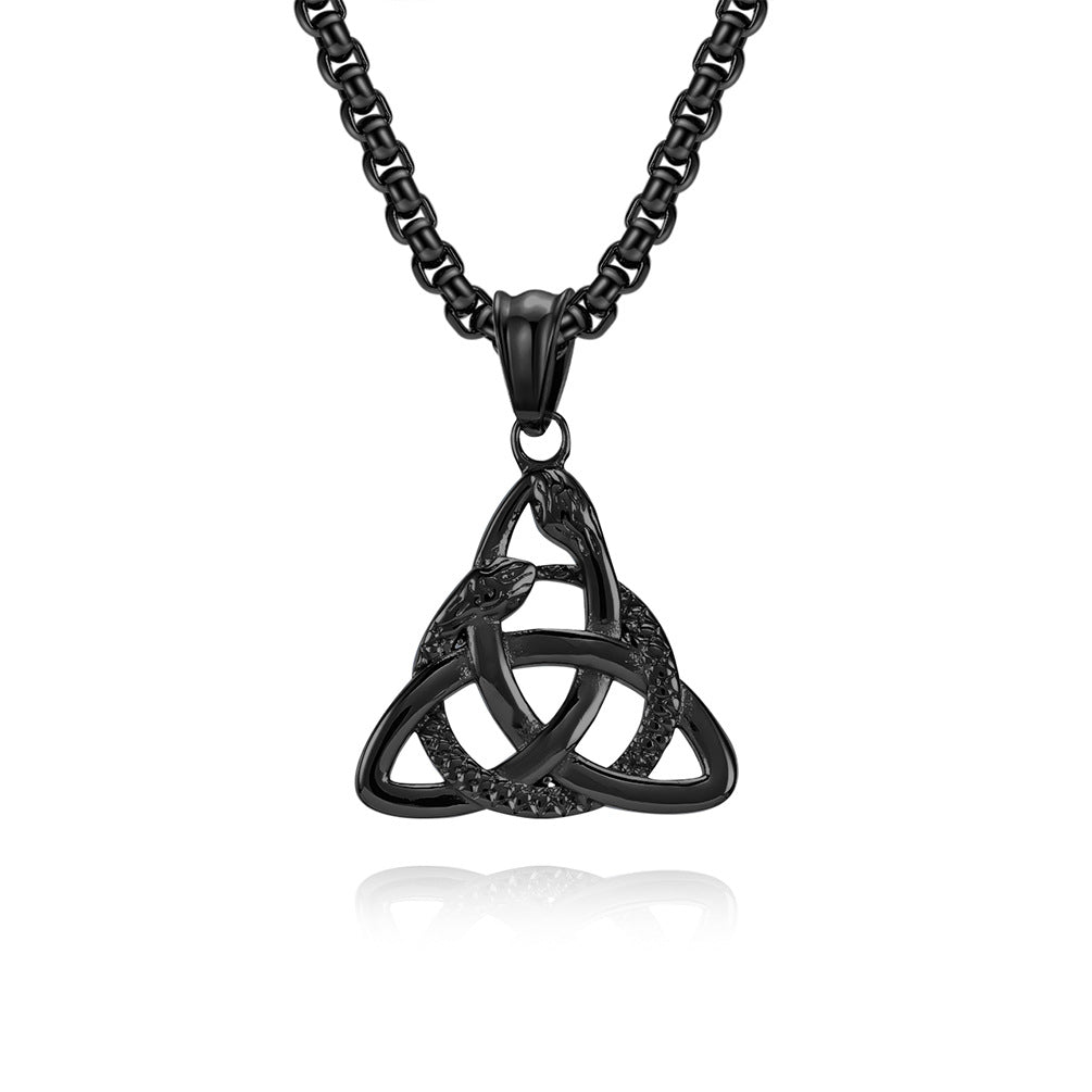 Planderful Viking Double Headed Snake Triangle Knot Necklace For Men Durable Titanium Steel Eternal Knot Pendant