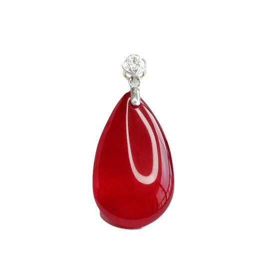 S925 Sterling Silver Natural Red Agate Droplet Pendant Necklace