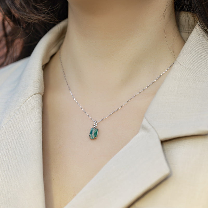 S925 Sterling Silver Moss Agate Geometric Pendant Necklace