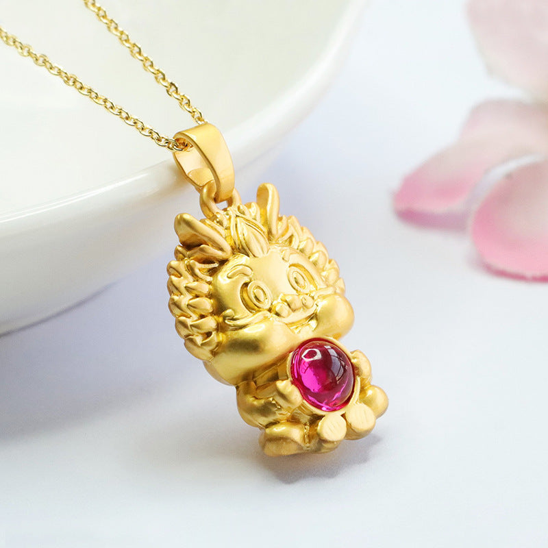 Lab-Grown Ruby Fortune Dragon Pendant — No Chain