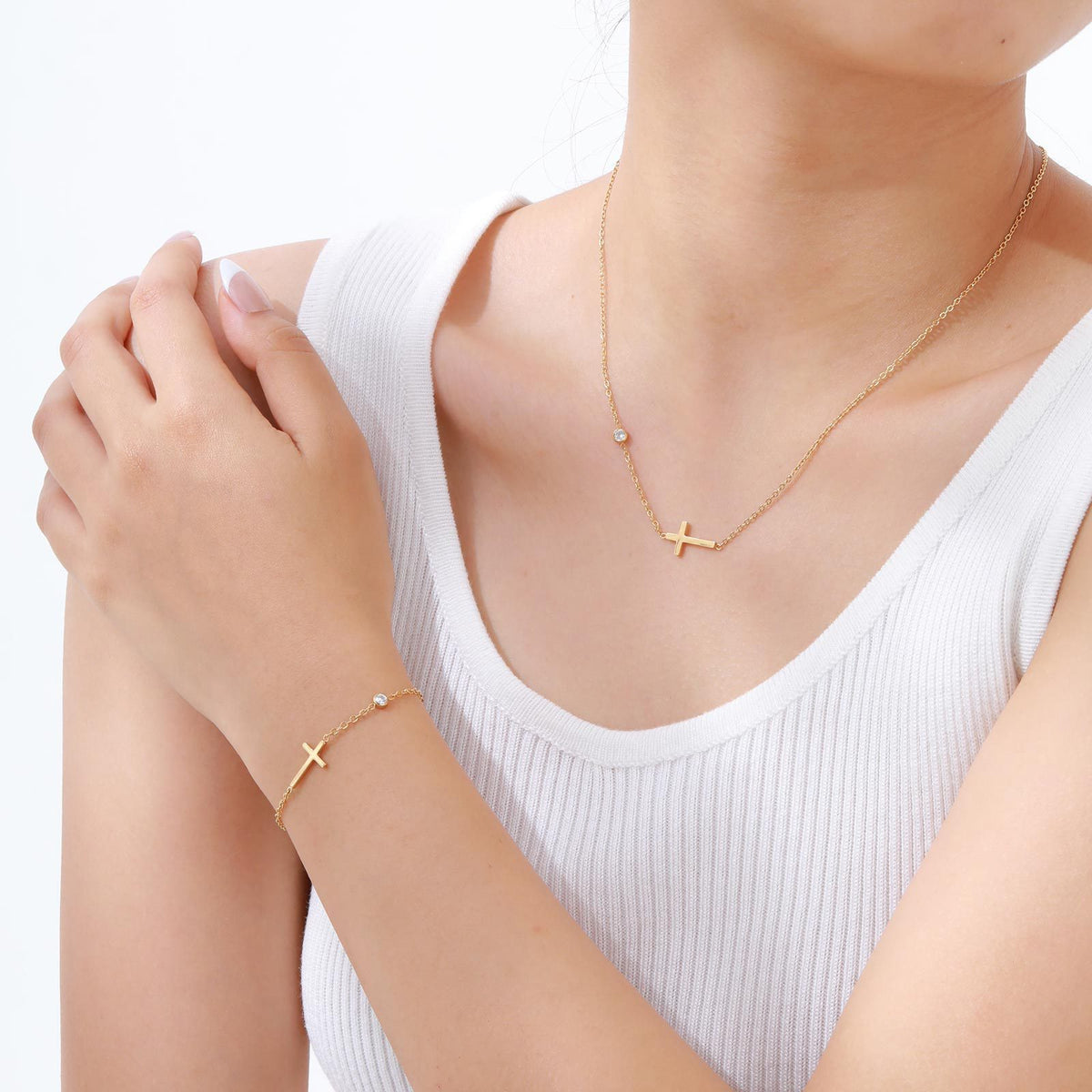 Stainless Steel Cross White Zircon Gold Necklace Bracelet Female