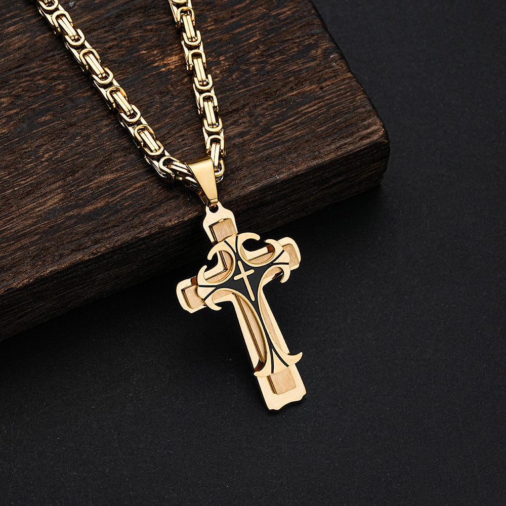 Planderful Three Layer Cross Pendant Necklace Stainless Steel For Men Punk Fashion Accessory
