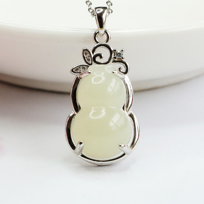 S925 Silver Natural Hetian Jade Pendant White Jade Gourd Zircon Leaf Necklace Jewelry