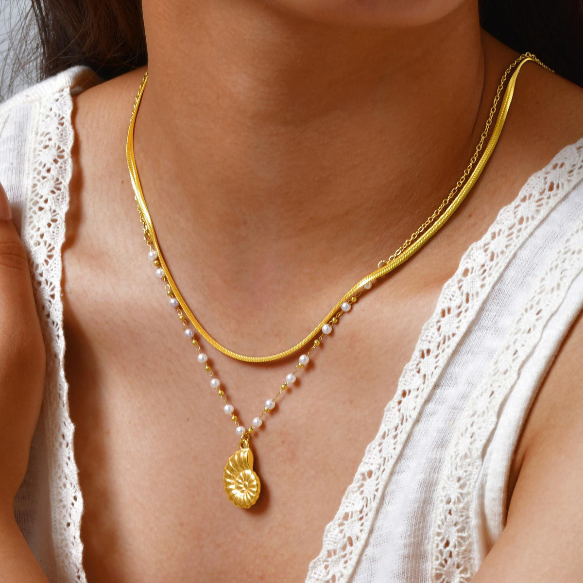 Summer Seaside Vacation Leisure Ocean Wind Stainless Steel Conch Double Layer Stacked Necklace