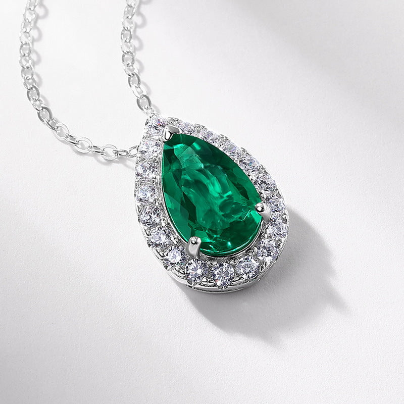 S925 Sterling Silver Lab-Grown Emerald Teardrop Pendant Necklace