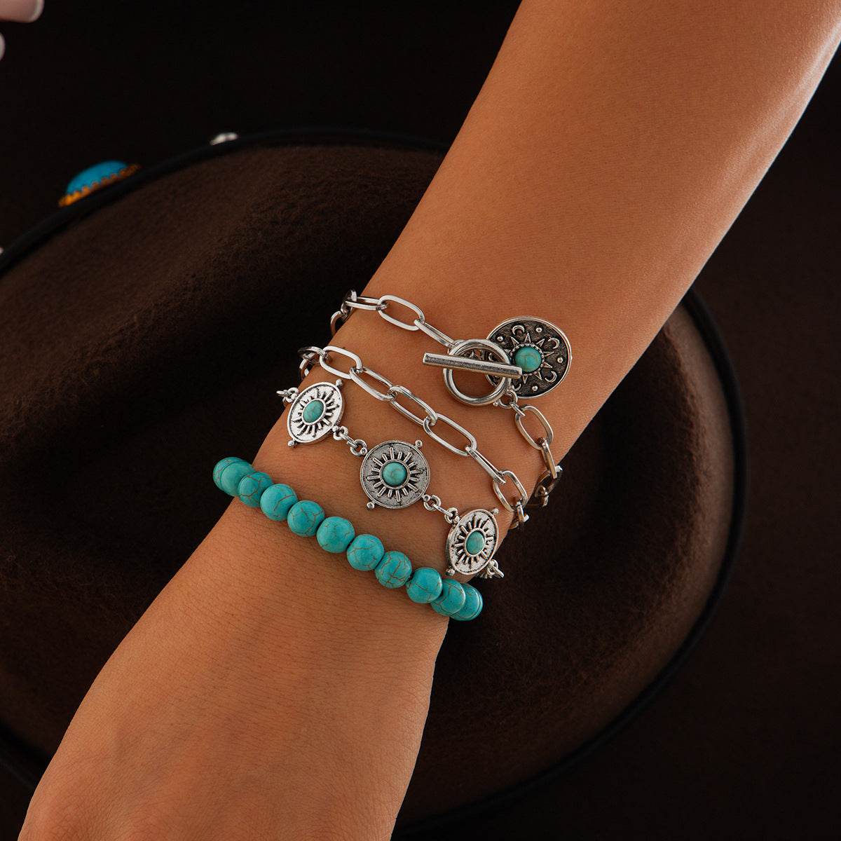 Planderful Snake Bone Bracelet For Women Unique Multi Element Ethnic Vintage Turquoise Denim Statement