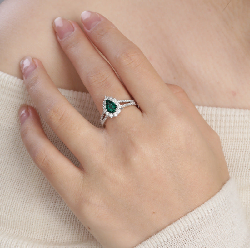 Jewelry 1 Carat Water Drop Lab Grown Emerald Halo Ring