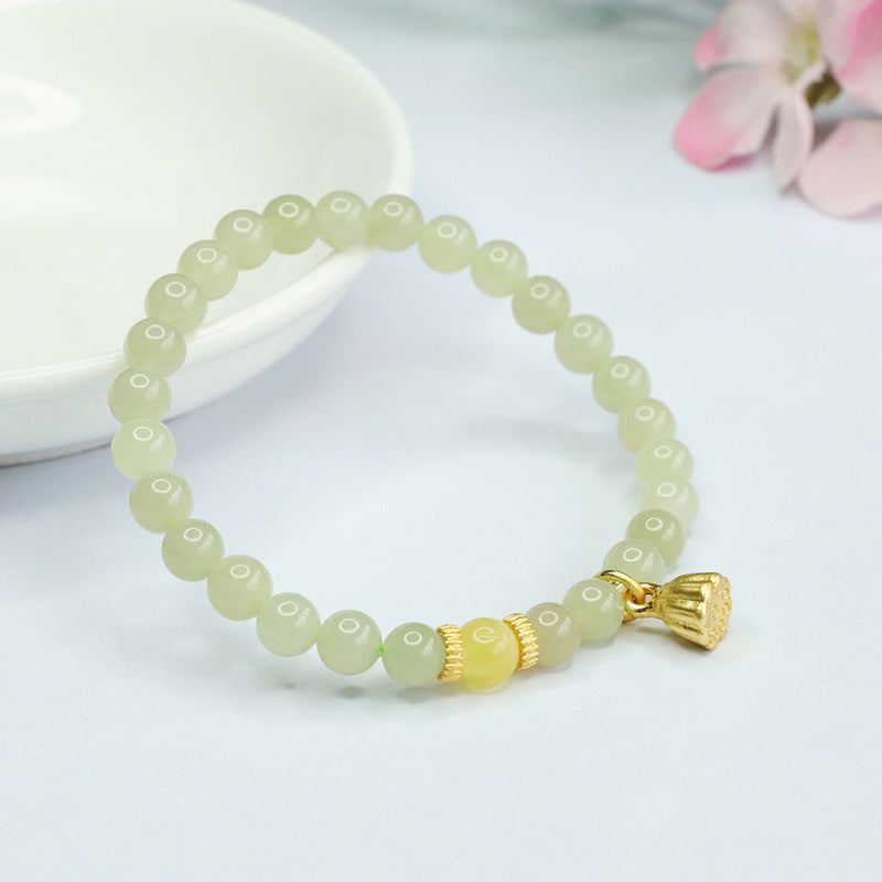 Qingshui Hetian Jade & Beeswax Amber Lotus Bracelet