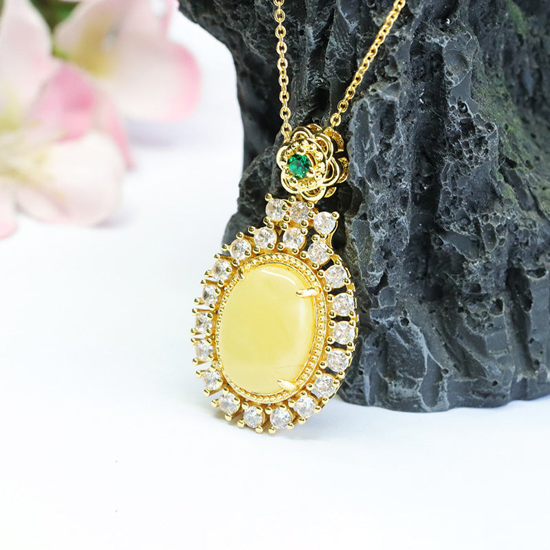 Golden Amber Beeswax Necklace with Zircon Halo