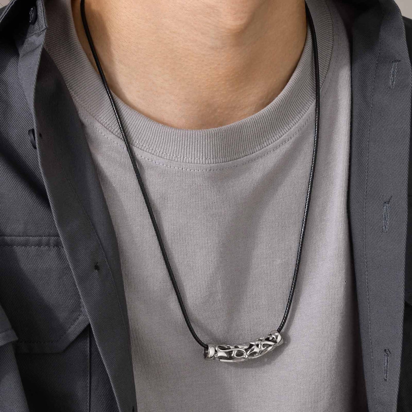 Men's Leather Rope Necklace with Stainless Steel Pendant