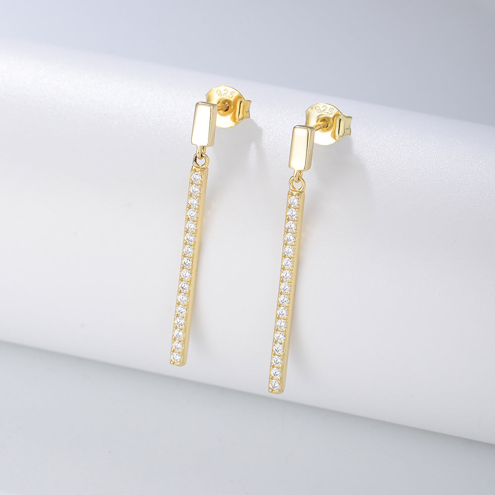S925 Sterling Silver Geometric Rectangle Single-Row Zircon Long Fringed Earrings Stud Earrings
