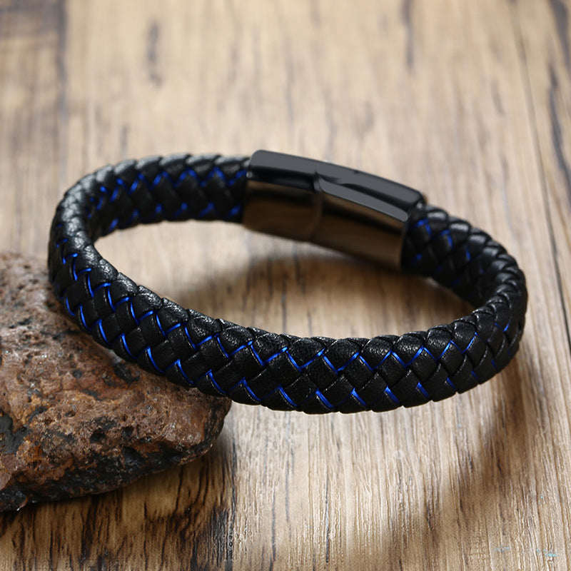 Stainless Steel Leather Bracelet Men's Microfiber Leather Bracelet Blue and Black