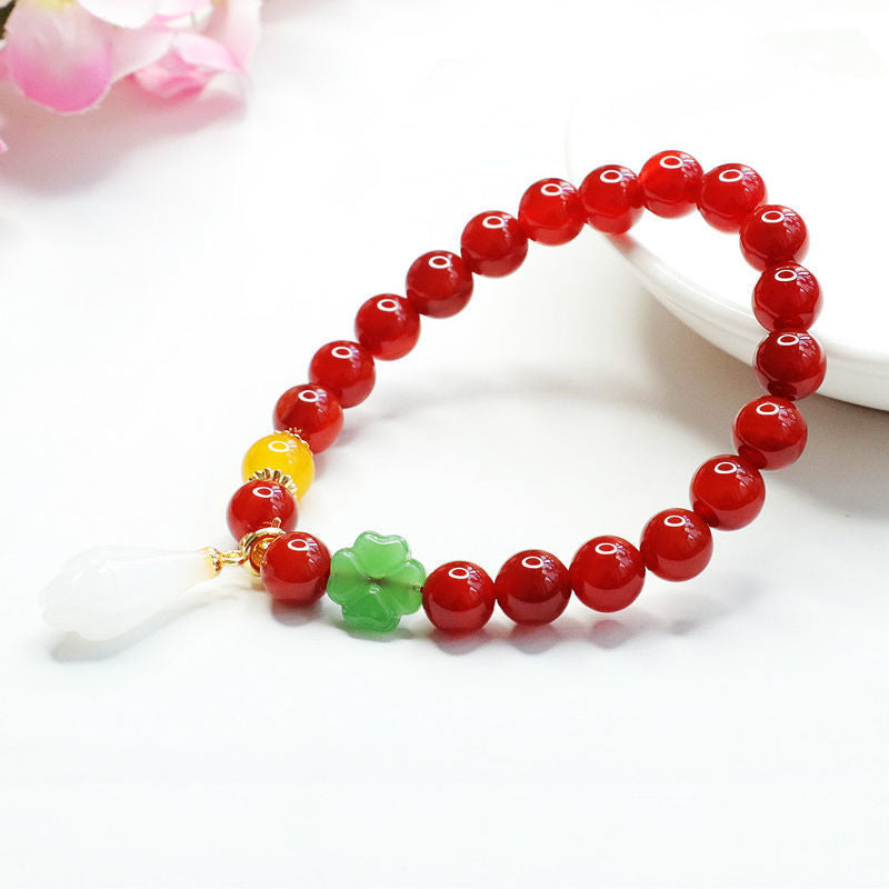Fortune's Favor Natural Red Agate Bracelet with Magnolia Flower Jade and Chalcedony
