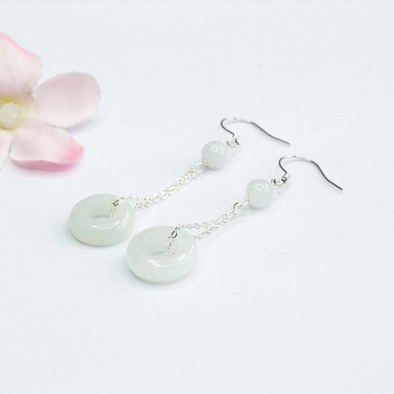 925 Sterling Silver Jadeite Peace Ring Hook Earrings