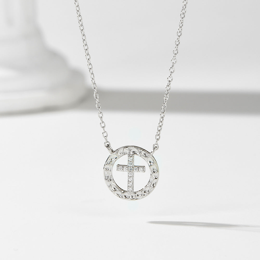 925 Sterling Silver Round Hollow Inlaid Zircon Cross Necklace