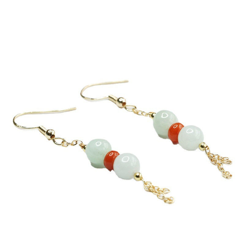 Three Round Red Jade Tassel Earrings with Sterling Silver Hooks