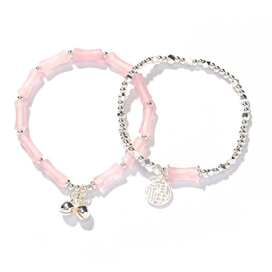 Retro Chinese Style Pink Quartz Crystal Bracelet with Sterling Silver and Fortune Bell Detail