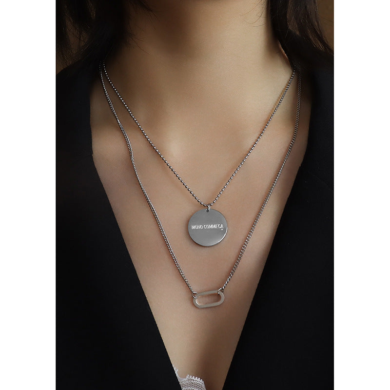 Chic Double Layered Titanium Steel Necklace with Oval Collarbone Pendant