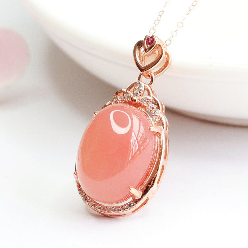Sterling Silver Zircon Love Rose Gold Necklace with Natural Oval Agate Pendant