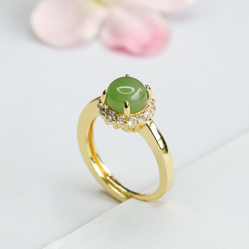 Elegant Hotan Jade and Zircon Halo Sterling Silver Ring