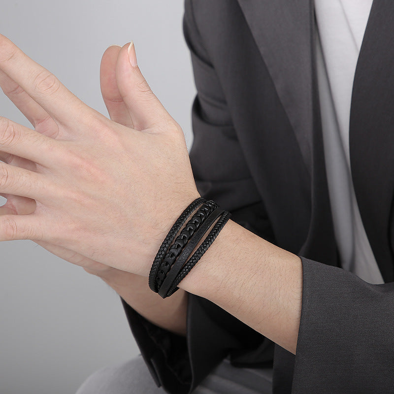 Planderful Mens Leather Braided Bracelet Magnetic Buckle