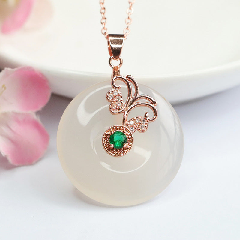 Butterfly Pendant Necklace with Natural White Chalcedony in Rose Gold