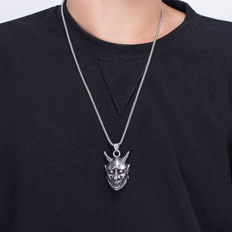 Steel Necklace - Vintage Ghost Samurai Mask Pendant For Men By Planderful Jewelry