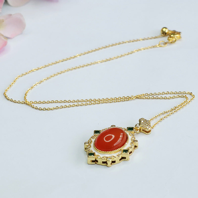 Red Agate Zircon Pendant Necklace with Sterling Silver Chain