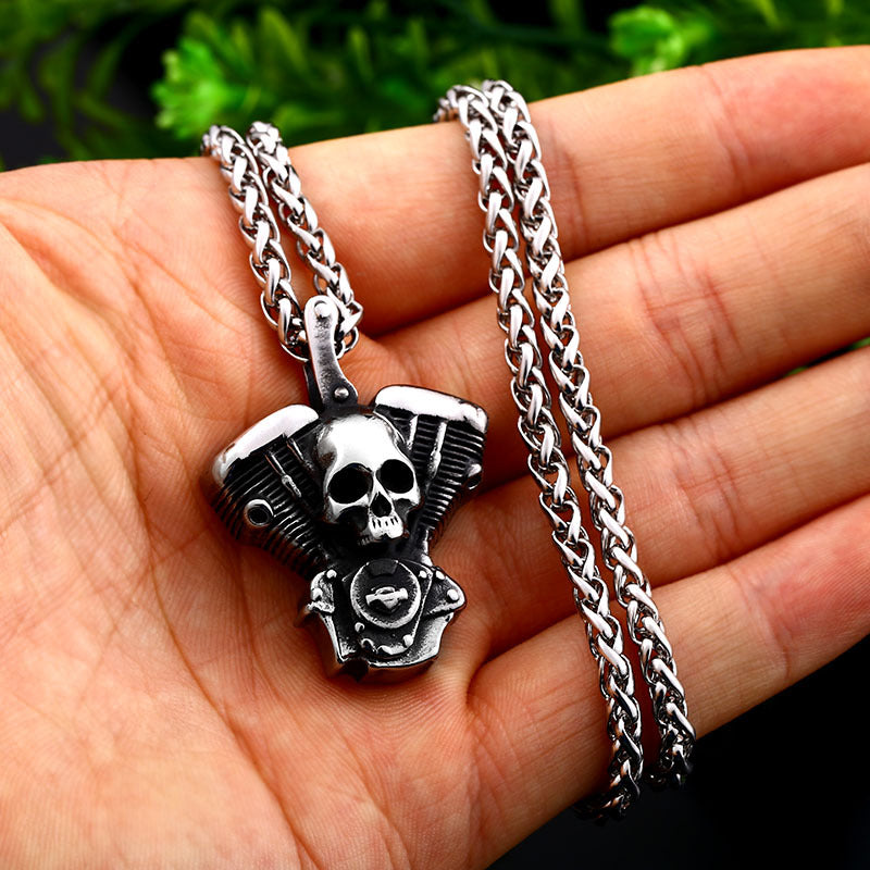 Titanium Steel Motorcycle Engine Pendant with Retro Skull Design for Men