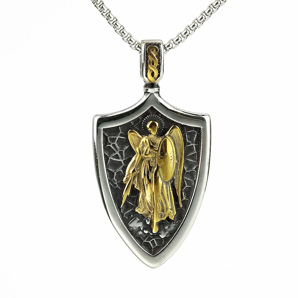 Vintage Men's Stainless Steel Pendant St. Michael's Angel Necklace