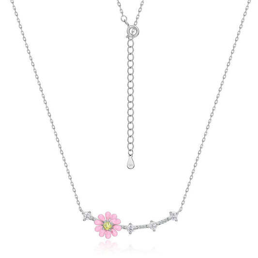 Sweet Pink Daisy Flower Colourful Zircon Sterling Silver Necklace