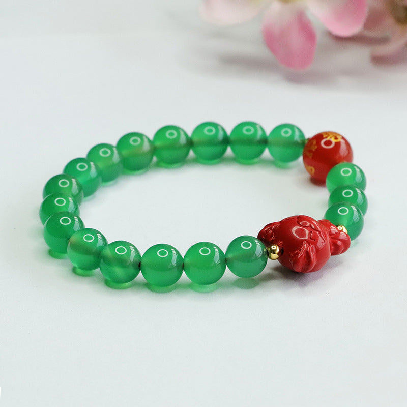 Zodiac Dragon Sterling Silver Bracelet with Natural Green Chalcedony and Red Sand Cinnabar