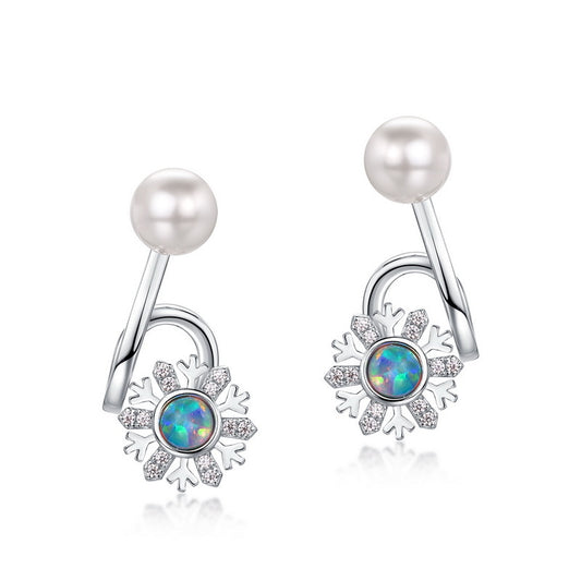 Round Opal Zircon Snowflake with Pearl Sterling Silver Stud Earrings