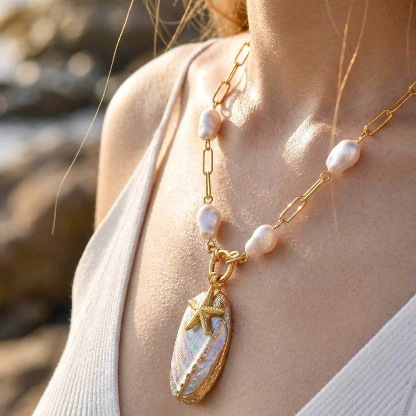 Ocean Wind Stainless Steel Gold-Plated Edge Natural Conch Shell Imitation Pearl Starfish Necklace