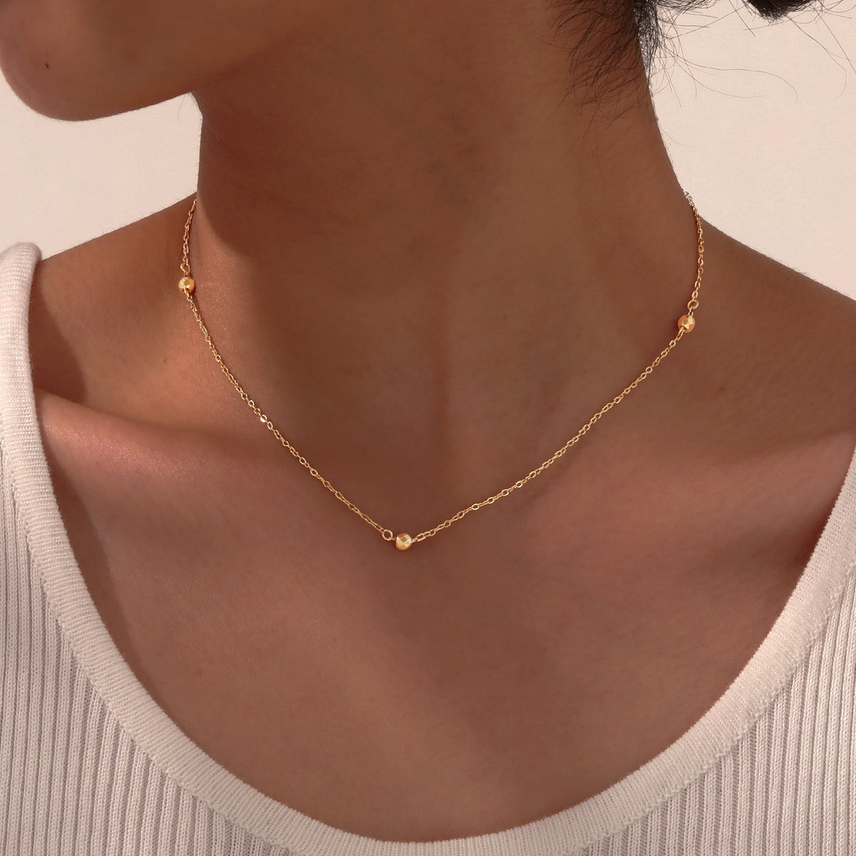 Ladies Stainless Steel Flat Cross Chain – Three Dancing Beads – Gold Necklace