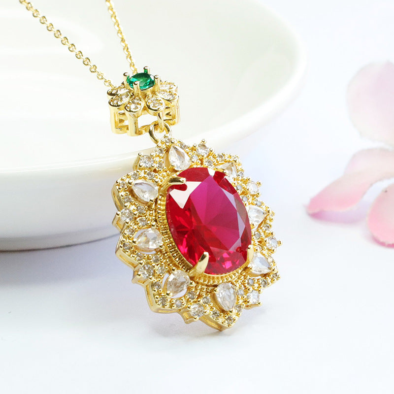 Lab-Grown Ruby Faceted Flower Pendant — No Chain