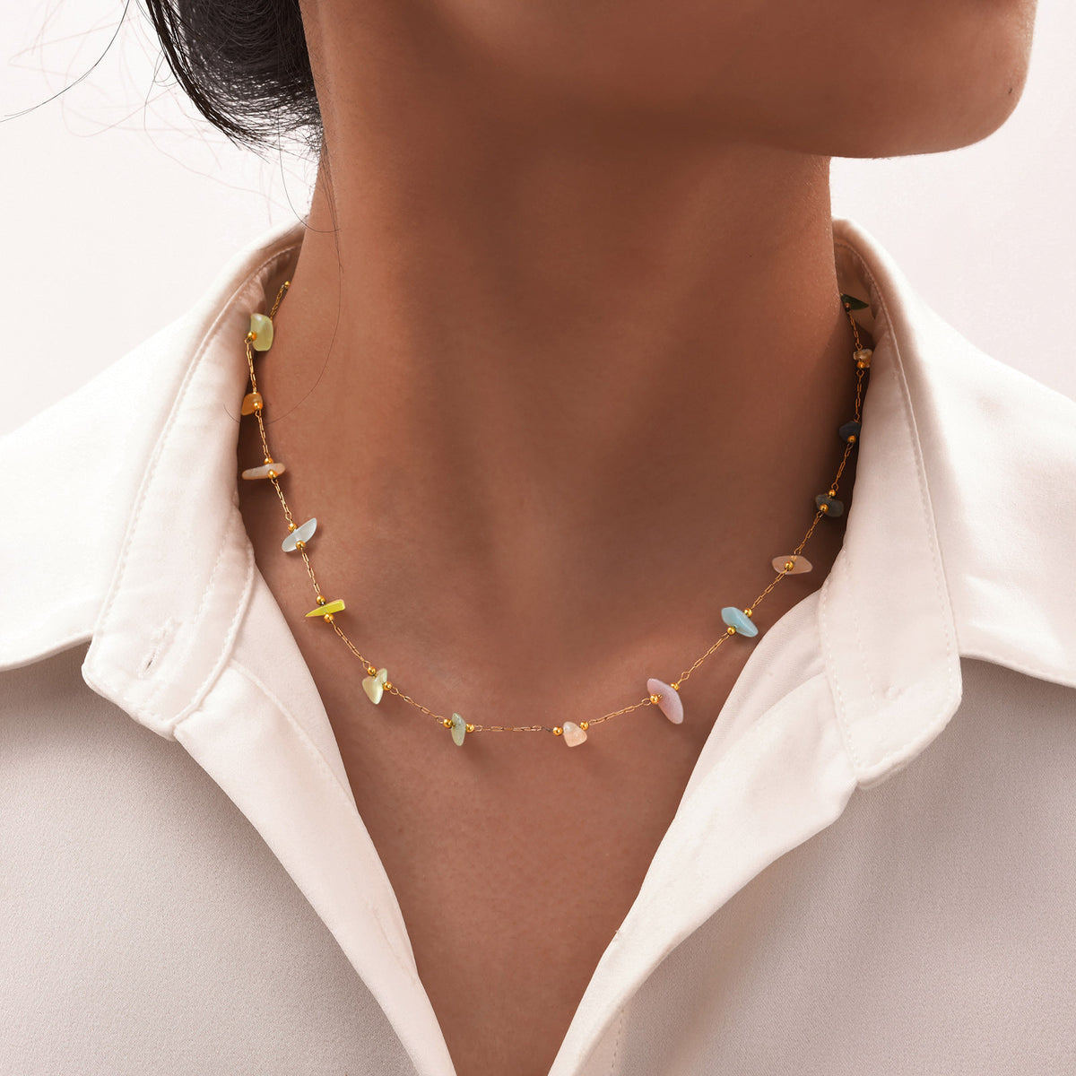 Stainless Steel Chain Irregular Gold Colored Natural Gravel Necklace Ladies