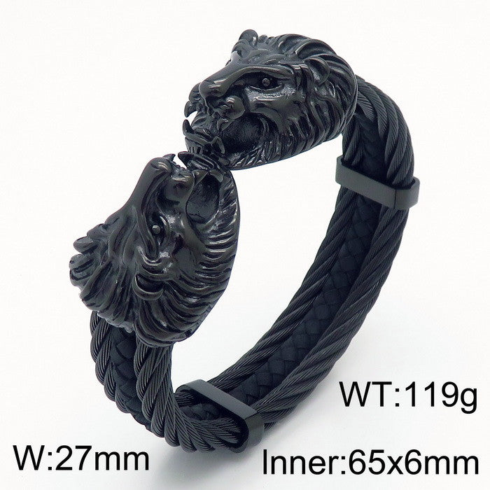 Planderful Mens Skull Wolf Head Steel Leather Bracelet
