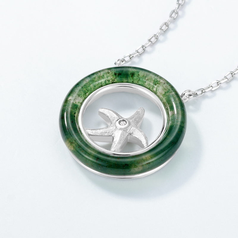S925 Sterling Silver Moss Agate Starfish Necklace