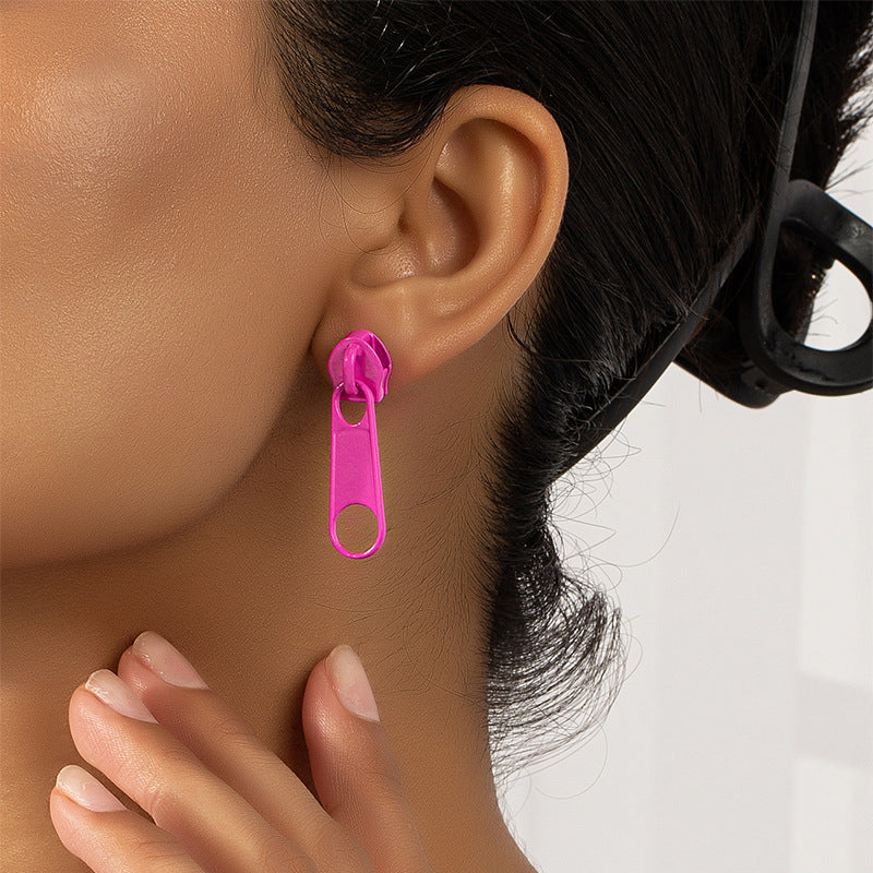 Zipper Earrings with a Pink Zip Spray Design and Color Blocking Fun