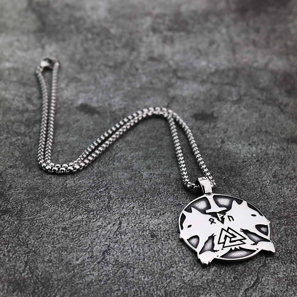 Hip-Hop Viking Double Wolf Head Titanium Steel Necklace