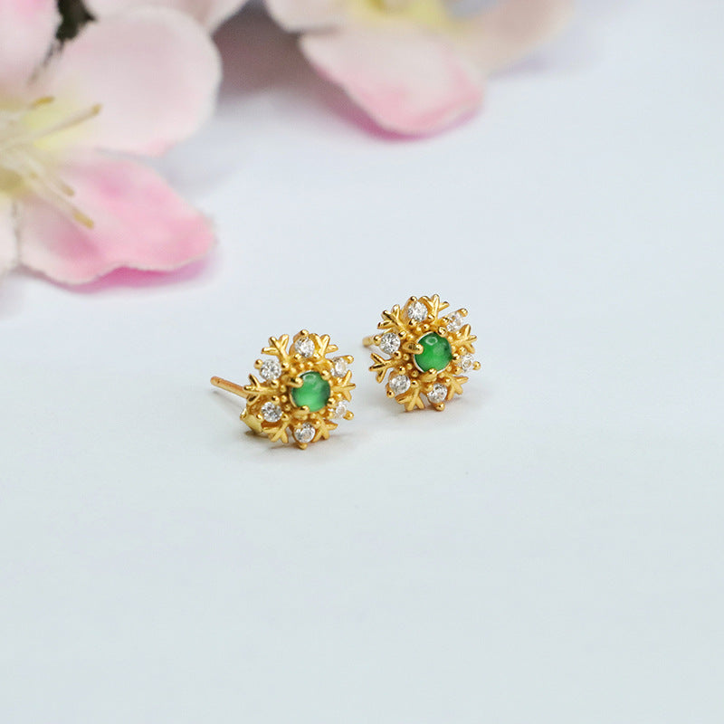 Ice Green Jade and Zircon Snowflake Stud Earrings with S925 Silver