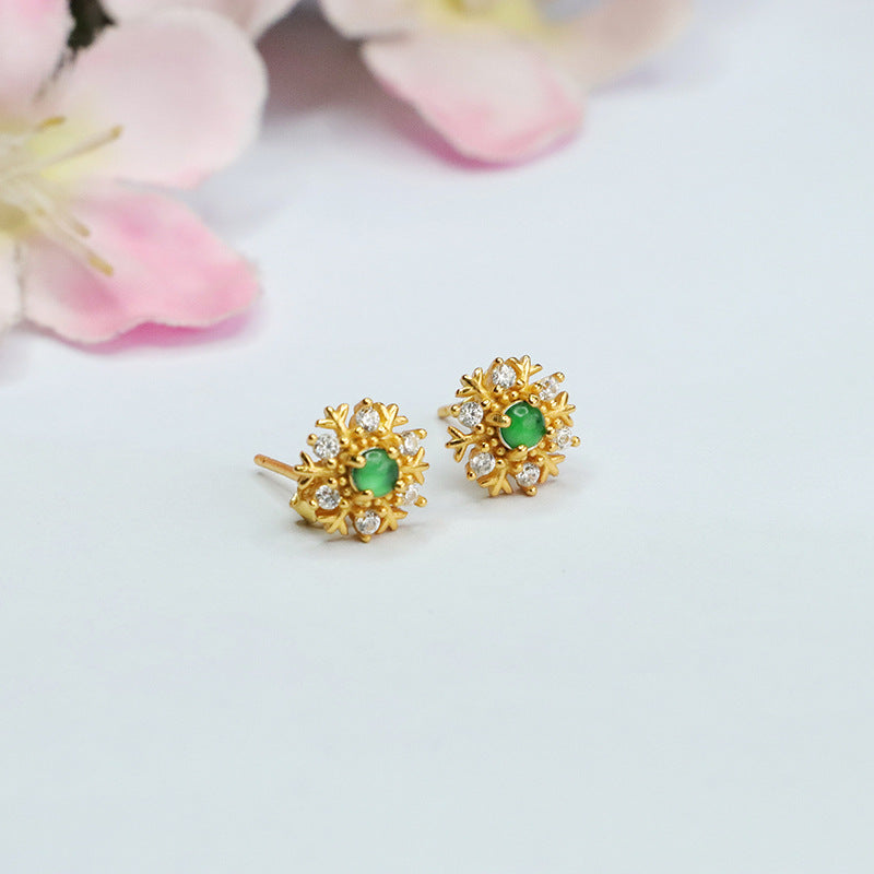Icy Green Jadeite Snowflake 925 Silver Stud Earrings