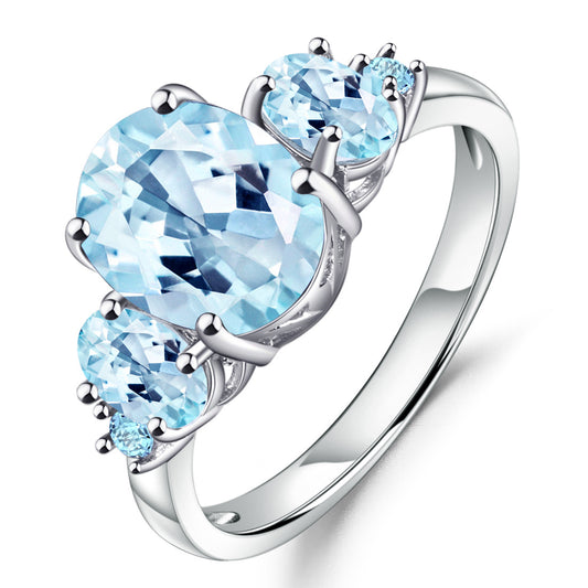 Oval Natural Blue Topaz Silver Ring