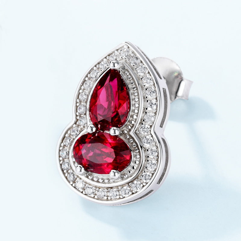 S925 Sterling Silver Lab-Grown Ruby Gourd Stud Earrings
